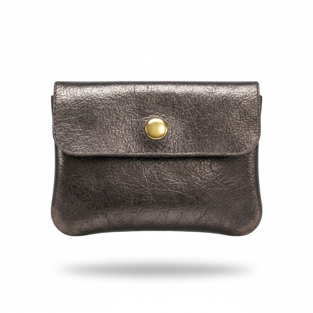 Italian Genuine Leather Metallic‎ Gunmetal Coin Purse Snap Closure Small Wallet